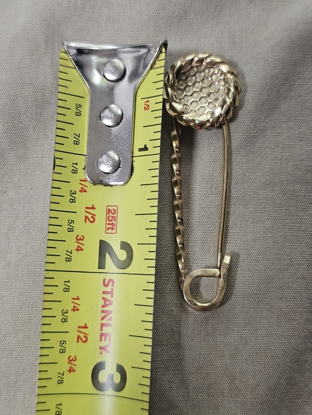 Gold Safety Pin Brooch with Textured Medallion - Picture 6 of 6